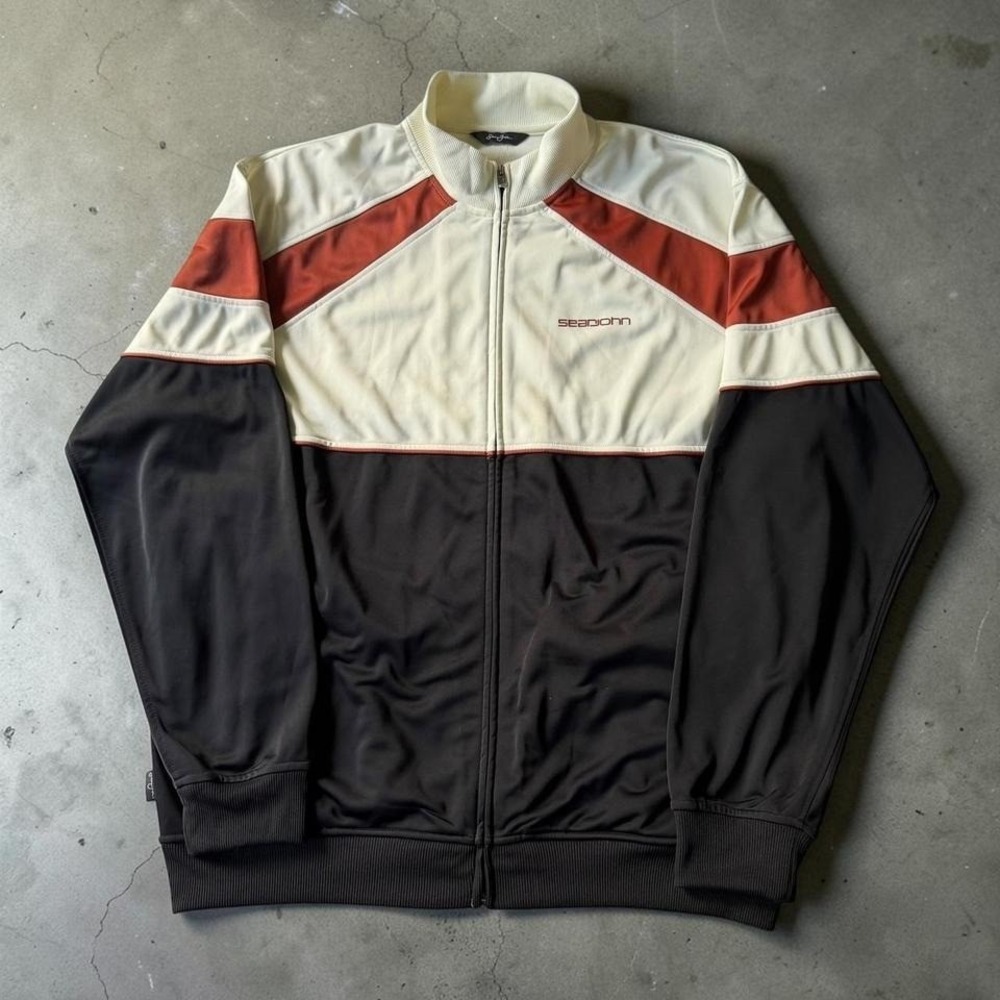 Sean John Mens XXL Colorblock Track Jacket Cream Brown Rust Full Zip Streetwear